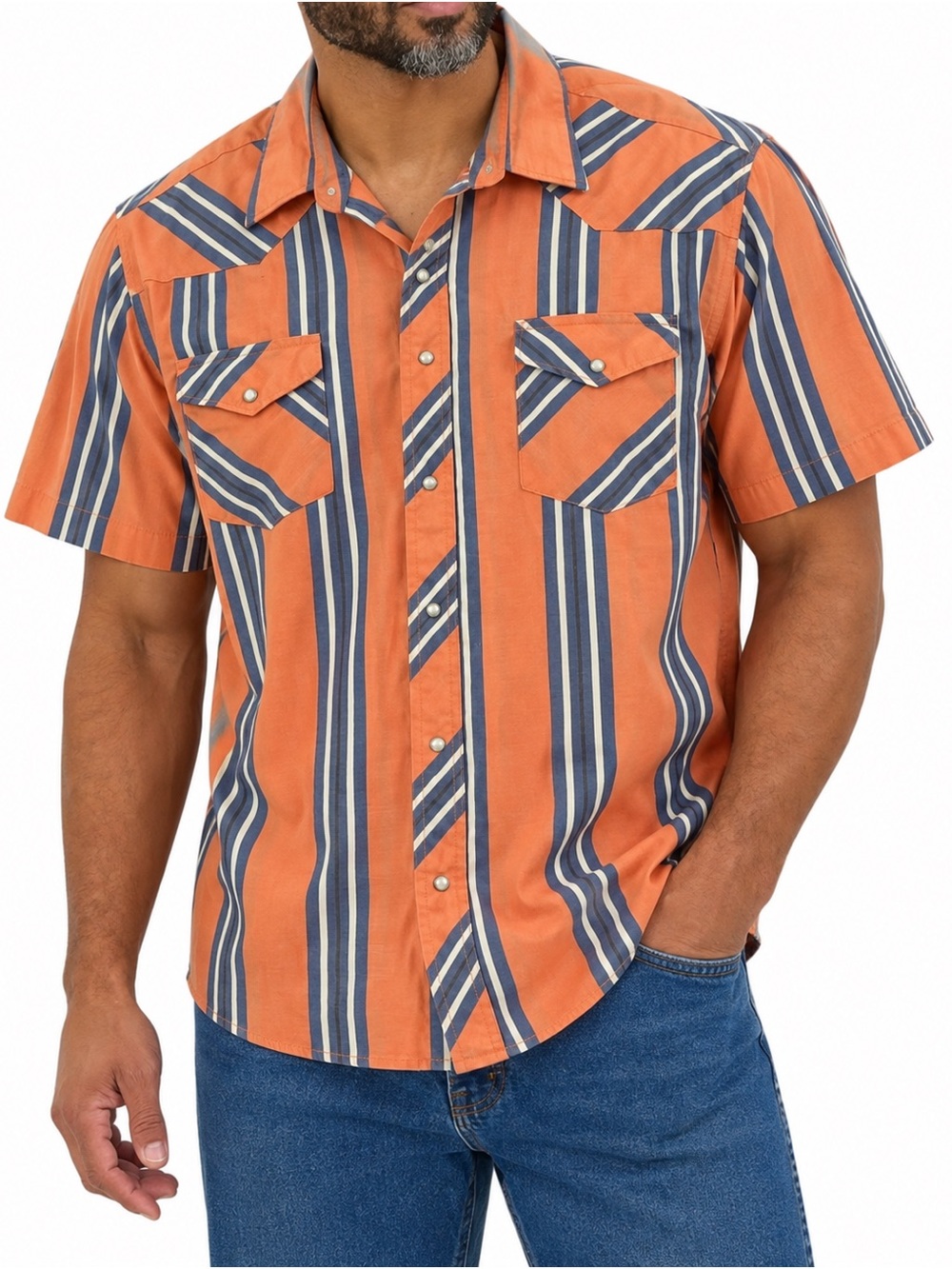 Wrangler Y2K Western Shirt Men’s 2XL Orange Blue Striped Pearl Snap Short Sleeve